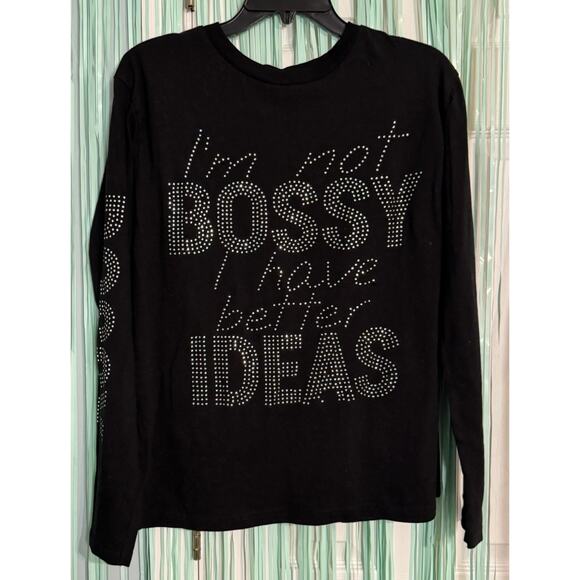 On Fire Black Long Sleeved Tee, Bossy Quote, Rhinestones, Cotton, 1X - Picture 1 of 6